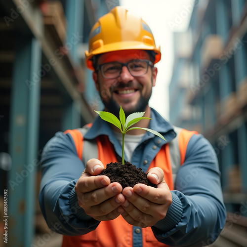 A construction worker in a helmet holds a small green plant, symbolizing sustainability and environmental growth in the industry.