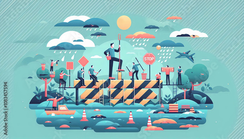 Illustration of community effort in raising flood barriers with teamwork and preparedness emphasized in vibrant vector style