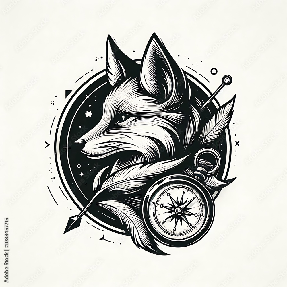 Obraz premium Monochrome fox head with compass and feather.