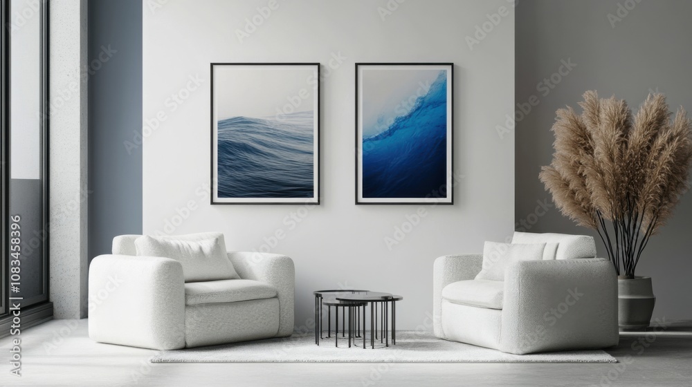 Fototapeta premium Single vertical frame mockup in ISO A paper size with reflective glass displayed in a modern living room interior, 3D render