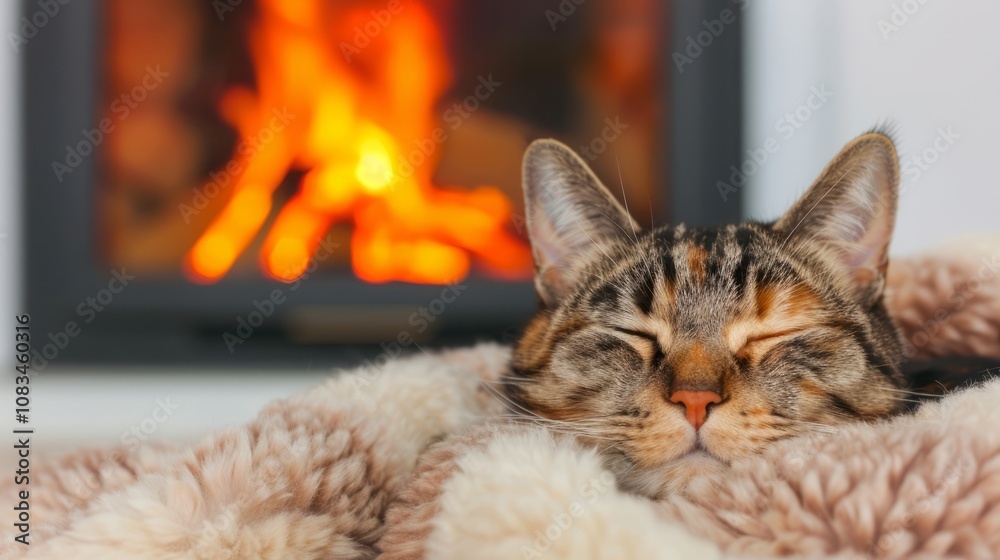 Obraz premium Tabby cat sleeping peacefully in front of a fireplace.