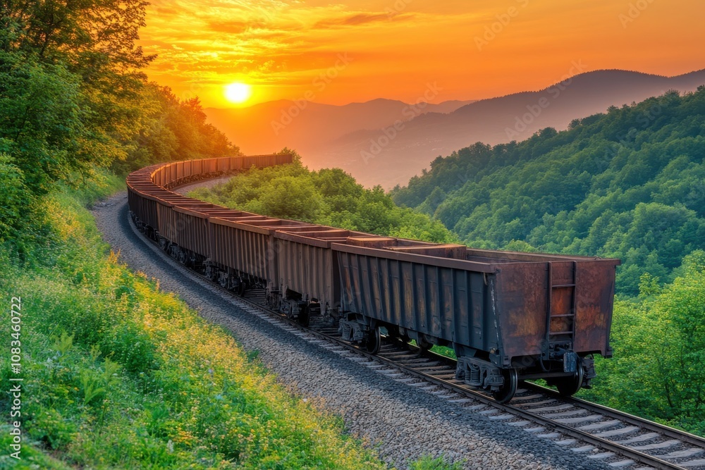 Fototapeta premium Scenic Sunset Train Traveling Through Forested Area