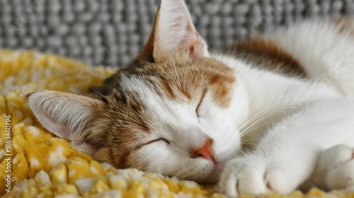 A cute calico cat naps peacefully on a yellow blanket. photo