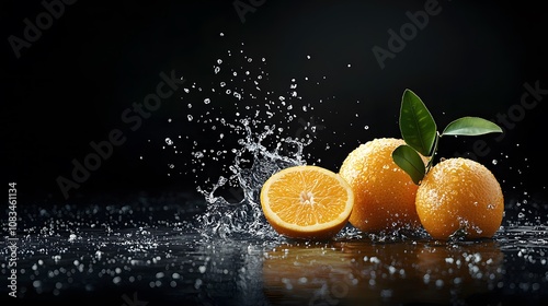 Splashing Water Action with Four Whole Oranges and Three Halves Dark Studio Setting Fruit Photography Vibrant Color Concept