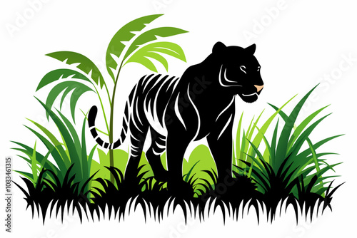 A tiger prowling through tall grass, jungle-themed silhouette on white background photo