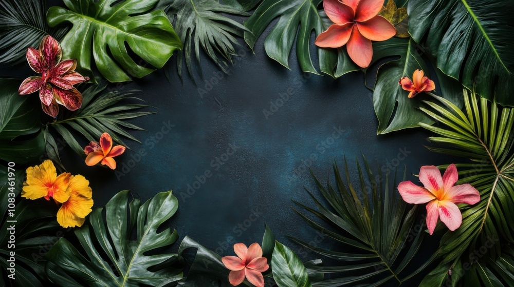 Fototapeta premium Tropical leaves and exotic flowers forming a frame on dark background