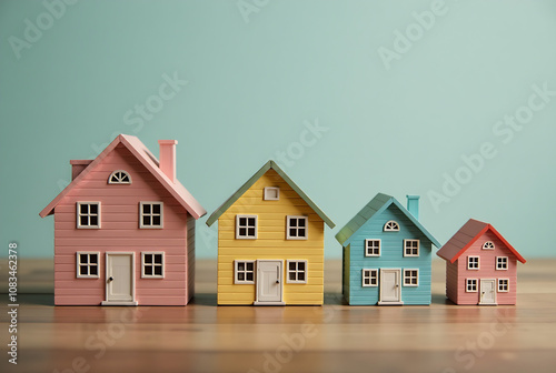A row of small houses are lined up on a wooden surface. The houses are of different sizes and colors, with one being the tallest and the others being progressively smaller