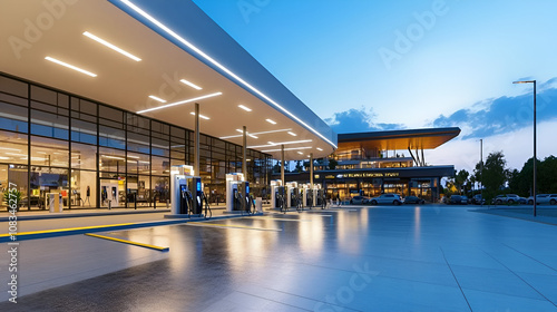 Modern gas station with fuel pumps and electric charging stations, integrated within a shopping center featuring retail stores and convenience shops.  photo