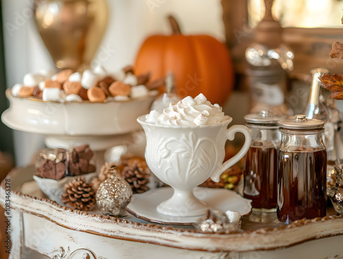Cozy Autumn Table Setting with Hot Chocolate Topped with Marshmallows, Decorative Pumpkins, and Festive Treats for a Warm Gathering Experience