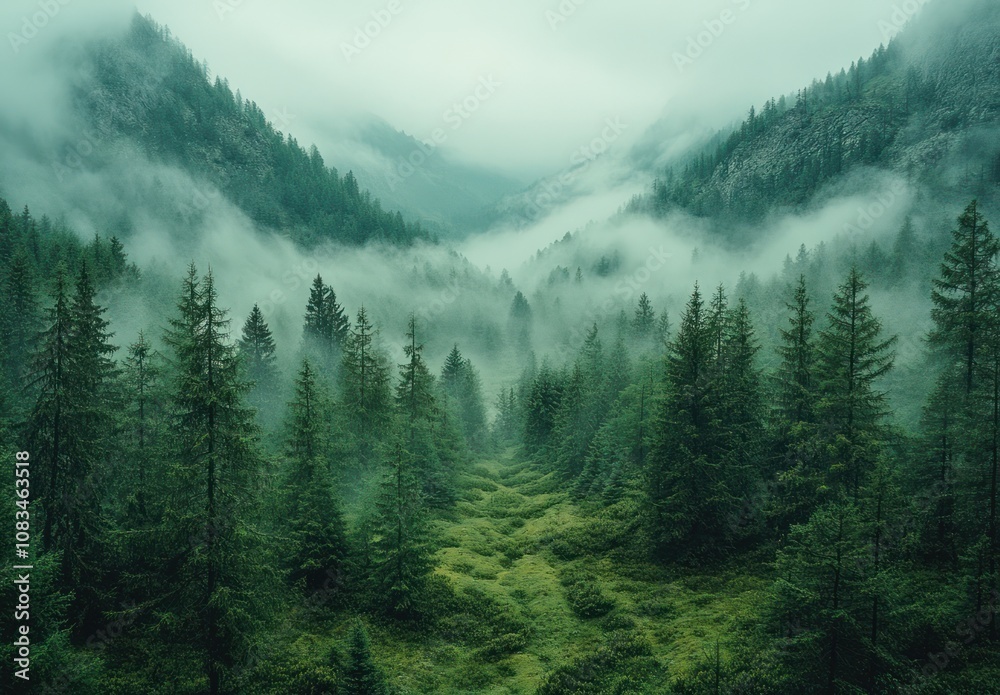 Obraz premium Misty mountain valley with lush evergreen forest.