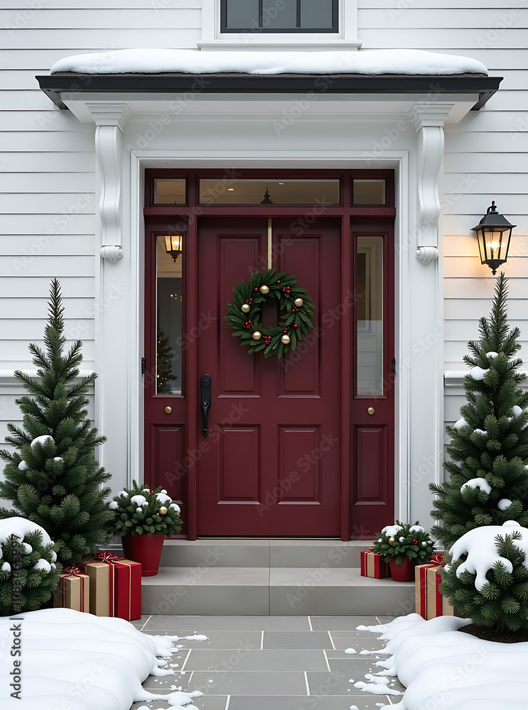 Fototapeta premium building entrance group. beautiful chic minimalist home decor of a front yard with small christmas trees and burgundy front door with a festive wreath