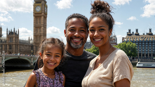 Afro-American Family Photo London Parents and Daughter Smiling Big Ben