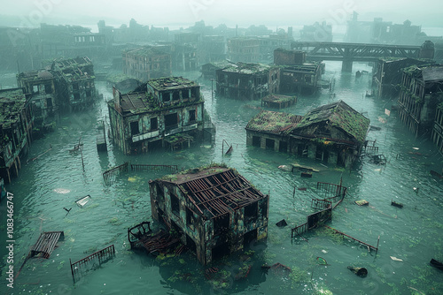 Desolate cityscape submerged under rising sea levels