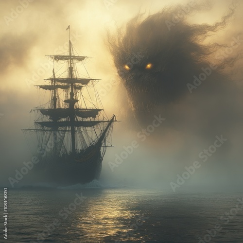 A sailing ship encounters a mysterious, shadowy figure in the mist. photo