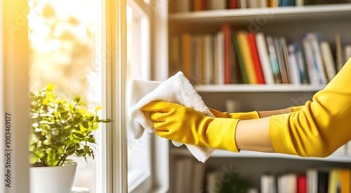 Close up woman hands in yellow gloves with white cleaning cloth.