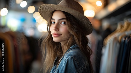 Young woman in denim jacket boutique fashion portrait urban setting close-up lifestyle inspiration photo