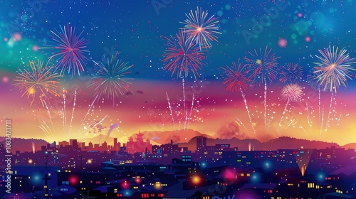Colorful Fireworks Over Vibrant City Skyline at Dusk