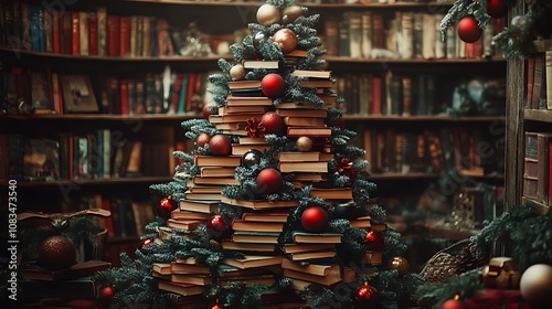 Wallpaper Mural Festive book christmas tree cozy library holiday decor warm atmosphere artistic perspective Torontodigital.ca