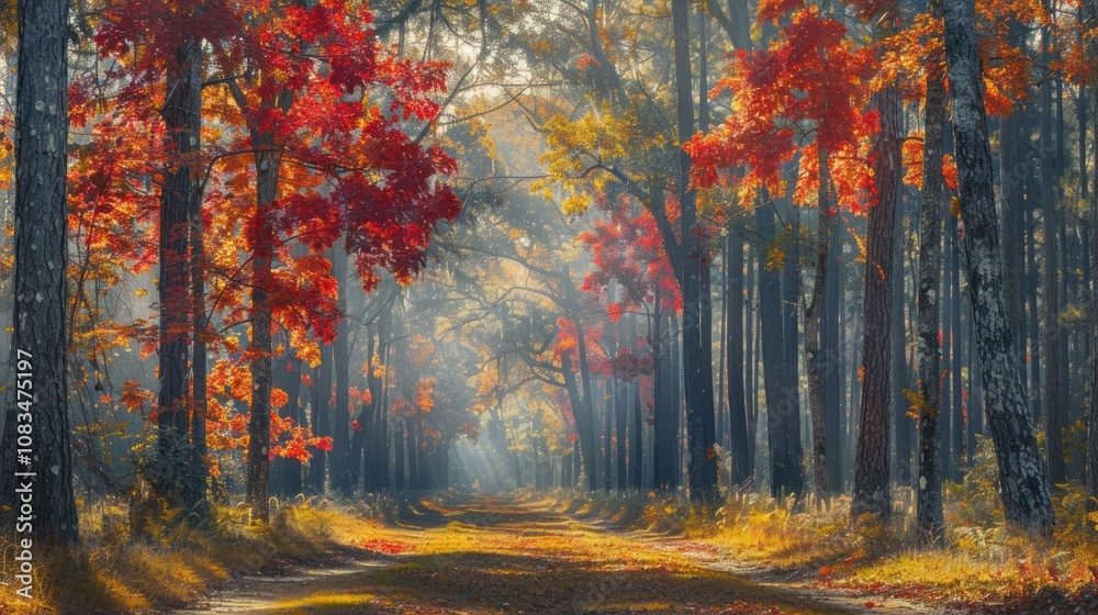 Obraz premium Sunlit autumn path through vibrant forest. (1)