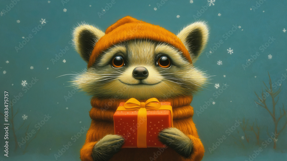 Fototapeta premium Adorable digital illustration of a smiling raccoon wearing an orange winter hat and scarf, holding a red gift box with yellow ribbon against a snowy teal background.