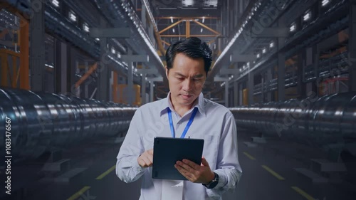 Wallpaper Mural Asian Male Professional Worker Standing With His Tablet With Metal Pipes, Work Continuously With His Tablet Torontodigital.ca