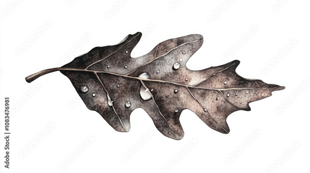 Fototapeta premium Watercolor Leaf with Dewdrops on White Background