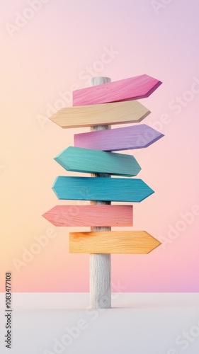 A whimsical signpost with colorful arrows pointing in various directions, set against a soft gradient background.