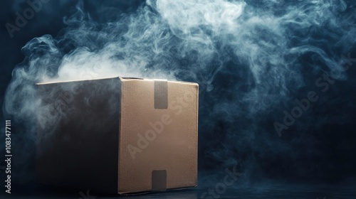 Mysterious cardboard box with smoke emanating from it, placed against a dark background, creating an enigmatic vibe photo