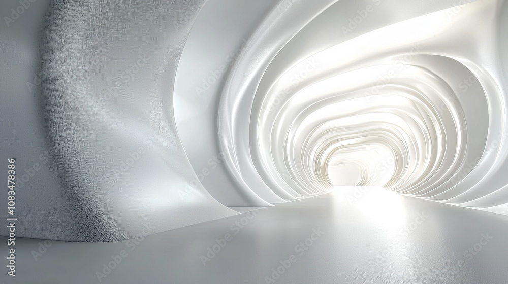 Obraz premium 3D render of an abstract white background with curved lines and light, in a minimalistic style