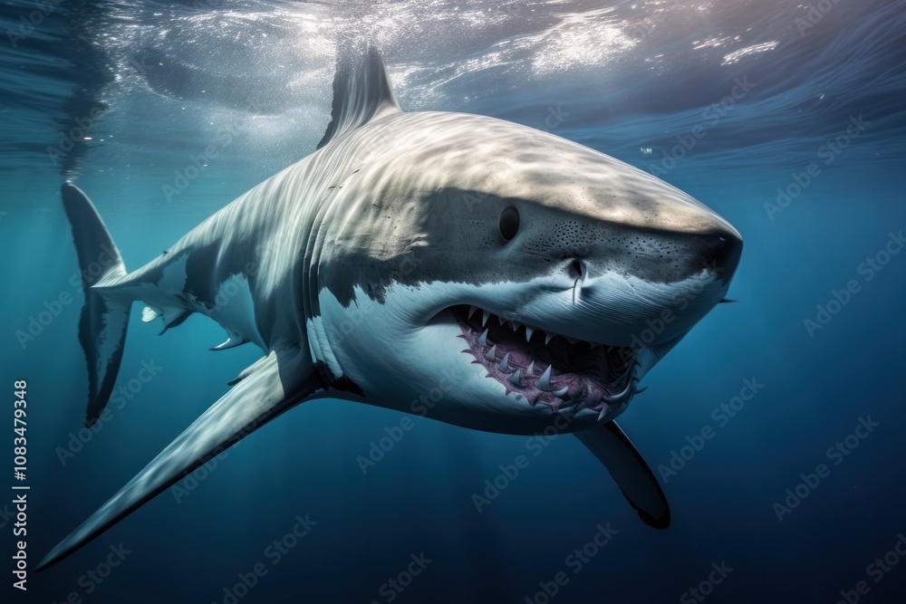 Obraz premium A majestic white shark swimming gracefully through crystal-clear waters, showcasing its powerful physique and sharp teeth. The sunlight filters through the surface