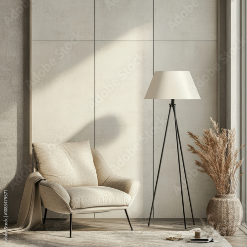 Modern Minimalist Living Room: A stylish black tripod floor lamp illuminates a cozy armchair and a natural decor element in a contemporary living space.