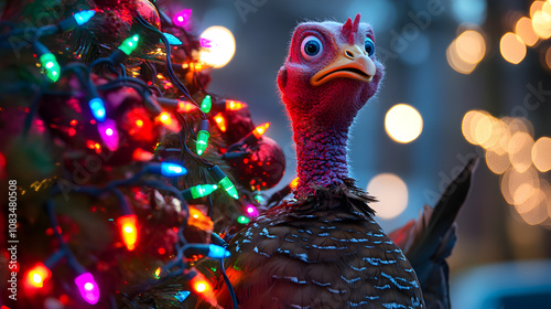 Colorful Christmas Turkey Surrounded by Festive Lights, Celebrating the Holiday Season with Cheerful Decorations and a Playful Holiday Spirit