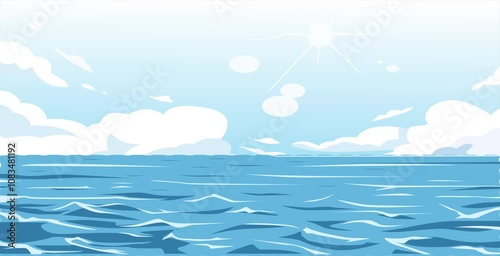 A calm blue ocean with white clouds in a clear sky.