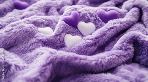 Soft Purple Fuzzy Blanket with Hearts, Plush Texture and Cozy Feel, Ideal for Home Decor, Comfort, Textiles, and Relaxation Settings for Warmth and Style photo