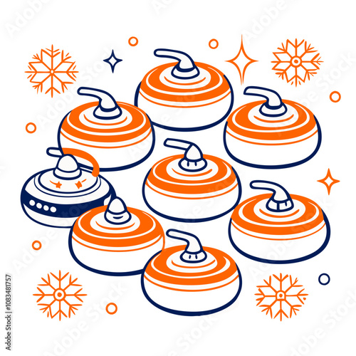 Curling Winter Sport Illustration: A festive illustration of curling stones, featuring a wintery theme with snowflakes and stars. Perfect for promoting winter sports and events.