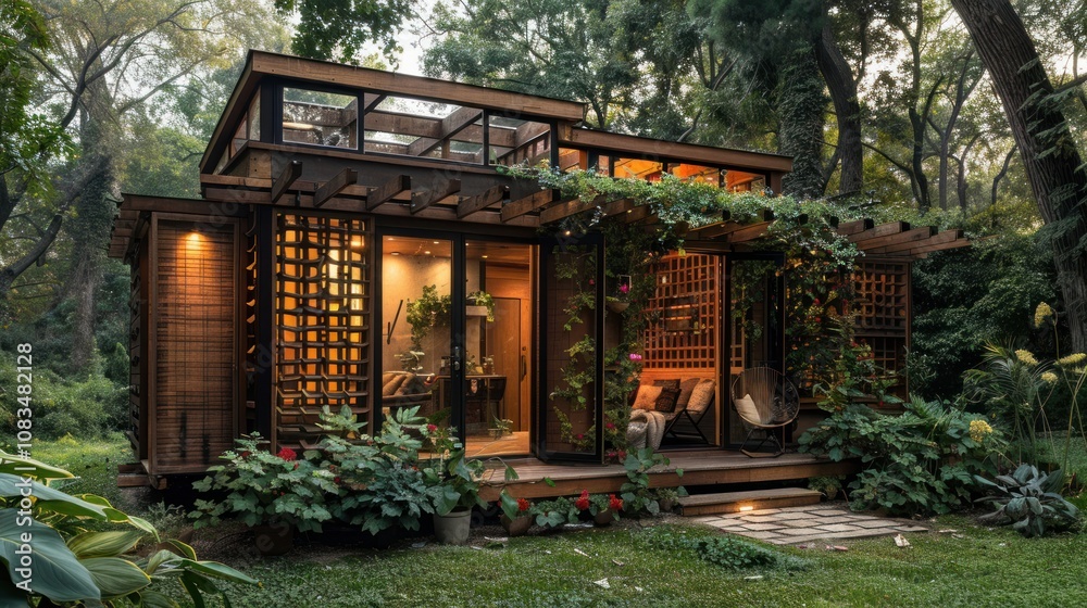 Obraz premium Modern, eco-friendly cabin nestled in lush forest.