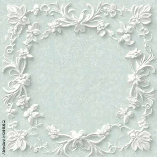 Floral Frame Elegance:  A delicate square frame of embossed white flowers and ornate scrolls on a pale teal background. Perfect for invitations, announcements, or adding a touch of vintage charm.