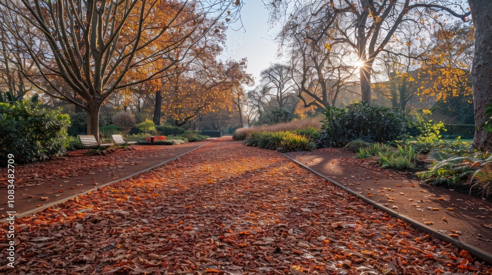 Fototapeta premium Autumn park path with fallen leaves.