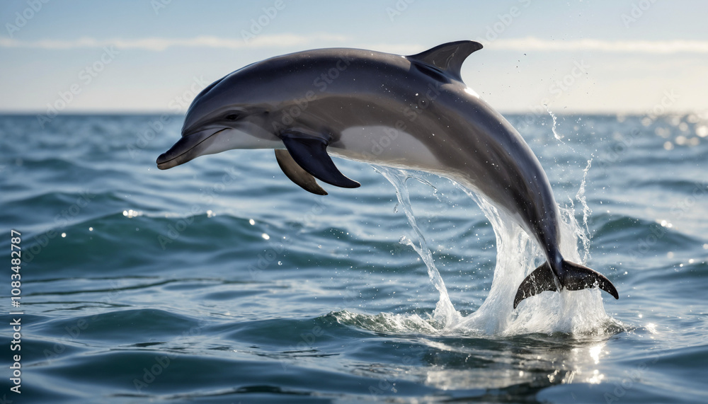 Obraz premium A dolphin leaping out of crystal-clear ocean water