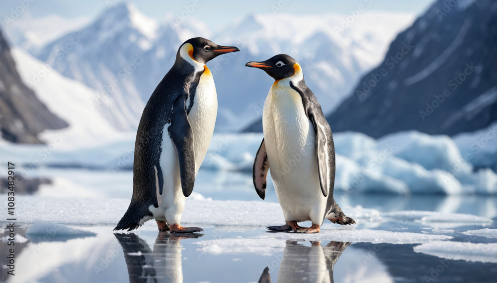 Obraz premium A pair of penguins standing on an icy landscape