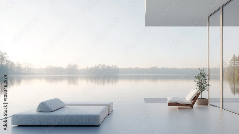 Fototapeta premium A serene minimalist escape featuring a white canvas backdrop, Floating furniture arrangement in a lakeside cottage, Lakeside minimalism style