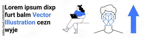 Woman working on a laptop, facial recognition pattern on a mans face, and an upward arrow. Ideal for tech, innovation, productivity, business growth, data security, remote work, future trends