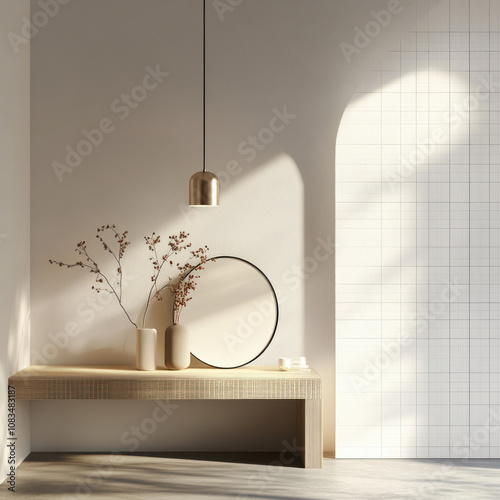 Minimalist Interior Design:  A serene and stylish interior design concept featuring a wooden bench, round mirror, and delicate branches in a vase. The warm sunlight casts a gentle glow.