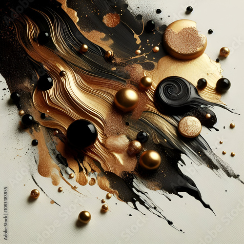 Handcrafted Cocoa Oil Brush Strokes in Gold and Black: Fluid Acrylic and Oil on Canvas, with Scattered Blobs and Dynamic Brushwork