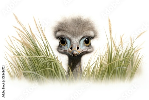 A playful scene featuring a baby ostrich peeking out from behind tall grass, capturing its curious nature and soft downy feathers. photo