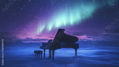 The Grand Black piano with christmas tree and snow in winter background,star and Northern Lights,player keyboard musician artist concert concept,copy space.