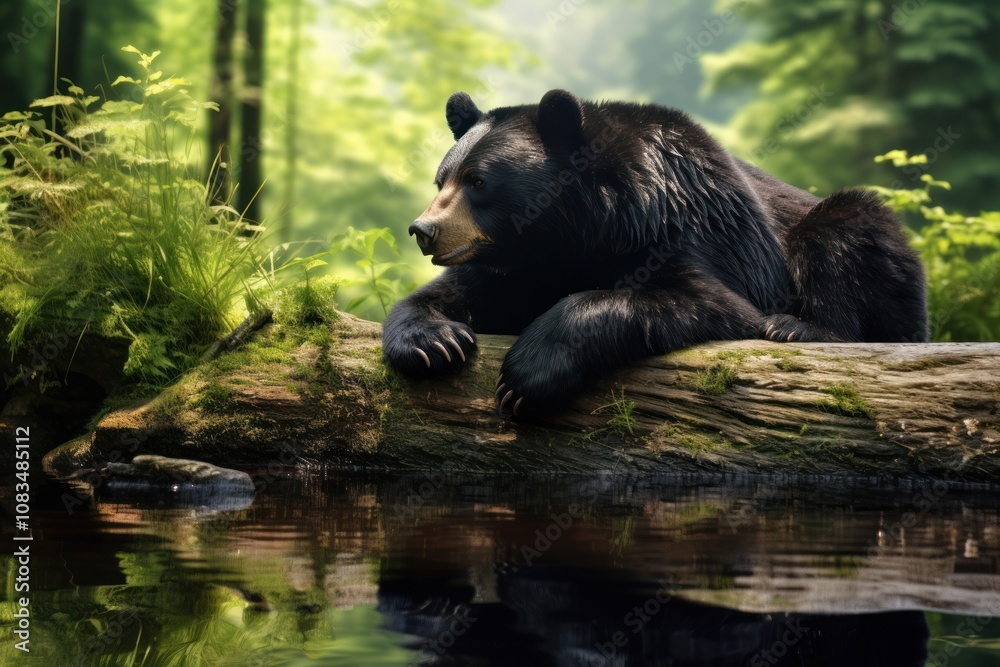 Obraz premium A serene scene of an Asian black bear resting near a riverbank, with its reflection visible in the calm water. The bear looks content as it enjoys the tranquility of nature