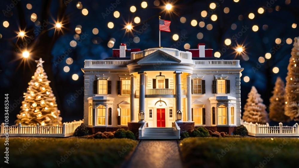 Fototapeta premium Miniature White House at Christmas, Festive Patriotic Display with Cozy Glow and Holiday Cheer V1