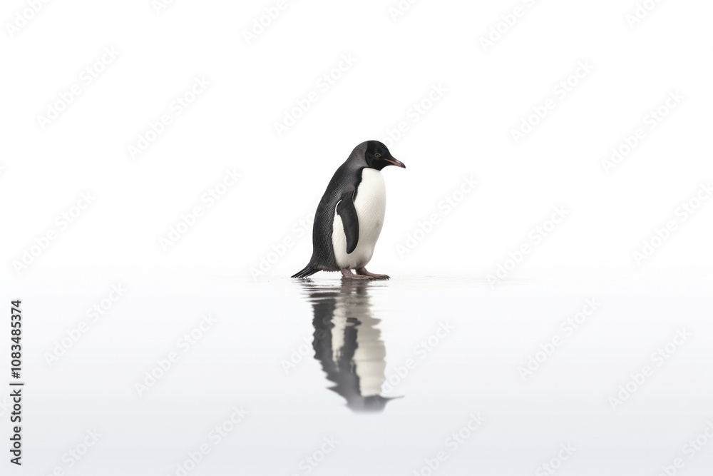 Fototapeta premium A small penguin standing on an ice floe, looking playfully at a reflection of itself in a nearby pool of water. The penguin's sleek black and white feathers glisten in the light