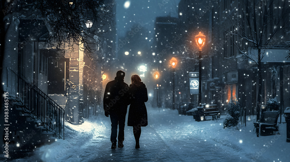 Obraz premium A couple walking hand in hand through the snow-covered streets, feeling love and warmth.